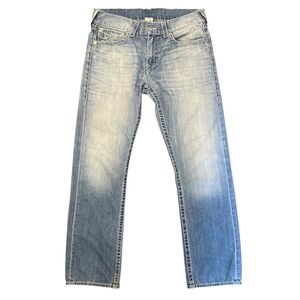 True Religion Jeans Mens 34 Straight Light Wash Distressed Denim Western Style